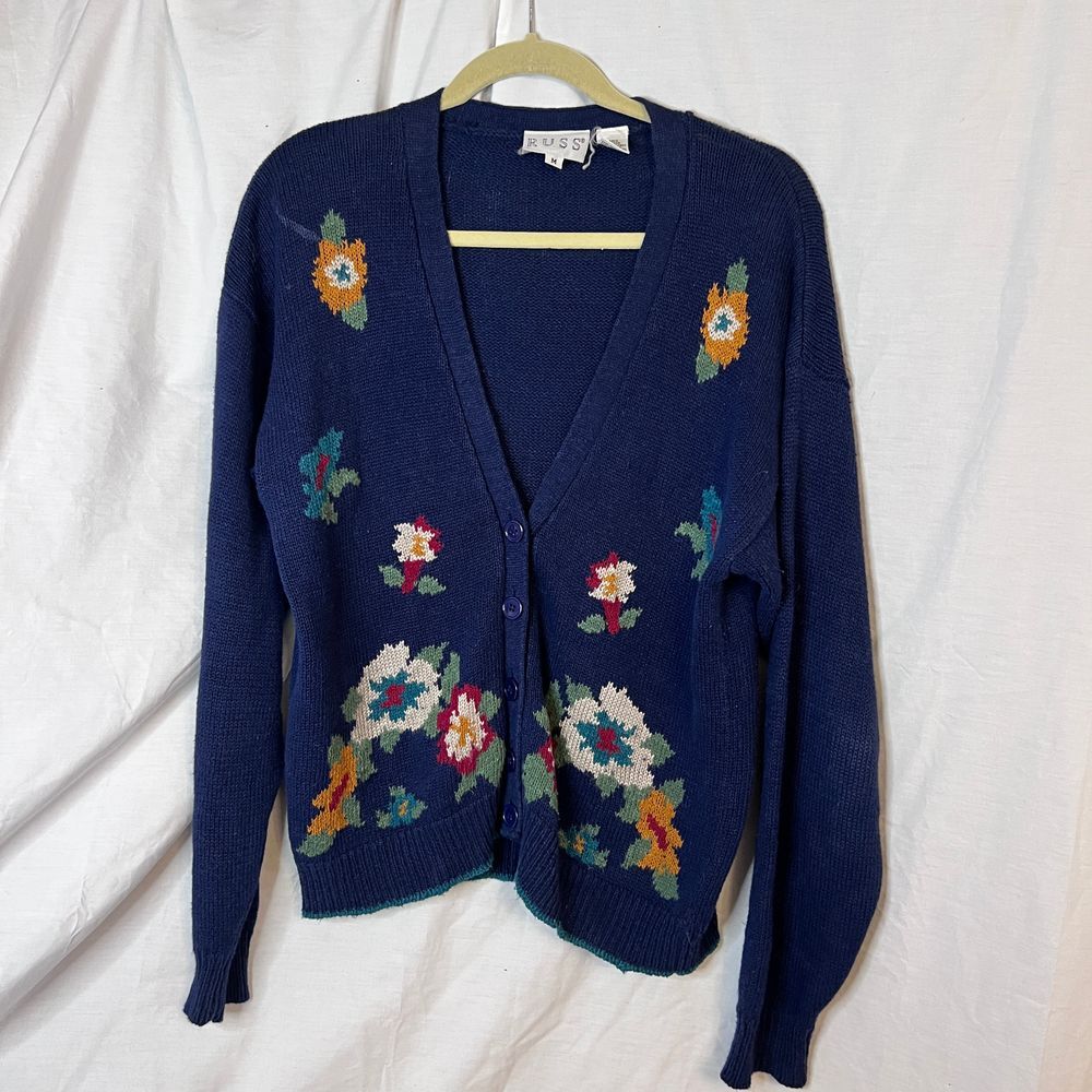 Russ Vintage 90s Blue floral button cardigan knit sweater cozy fall Size‎ Medium